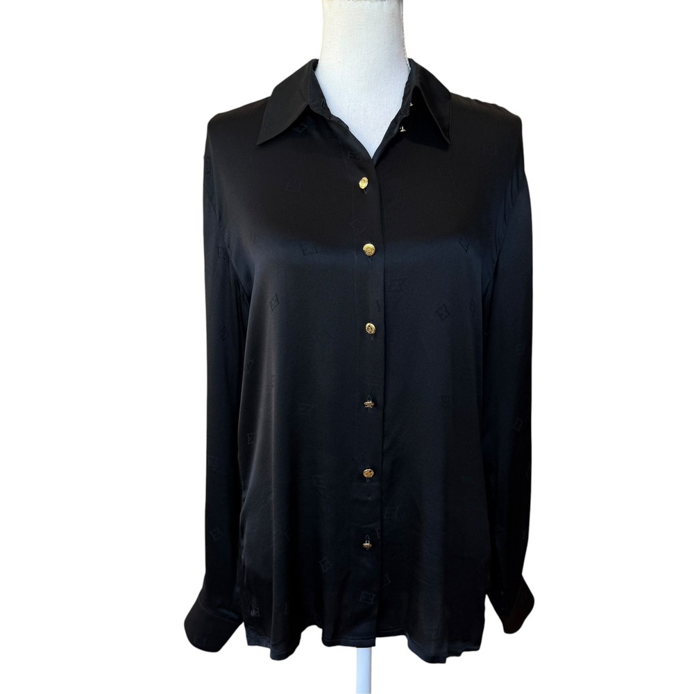 Escada Margaretha Ley Black Silk Logo Jacquard Button Down Blouse Top Germany
